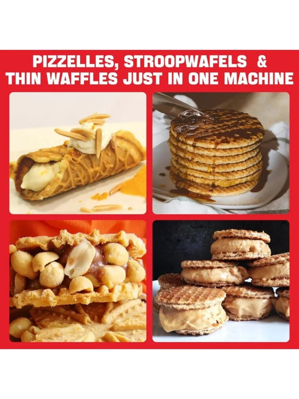 Electric Pizzelle Maker & Stroopwafel Iron - Non-Stick Cookie Machine with Mold